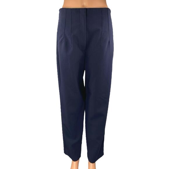 Zara Navy Blue Pleated High Waisted Straight Tapered Trousers Dress Pants Size L - Picture 1 of 4